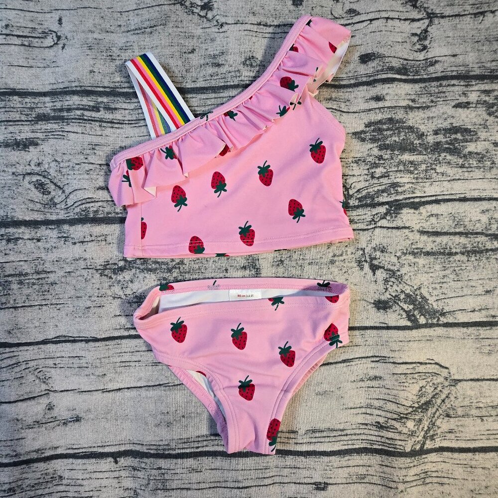 Hanna Andersson Pink Strawberry Ruffle Tankini Swim Suit Size 85 2T